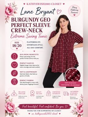Lane Bryant Burgundy Geo Perfect Sleeve Crew-Neck Extreme Swing Tunic Si…
